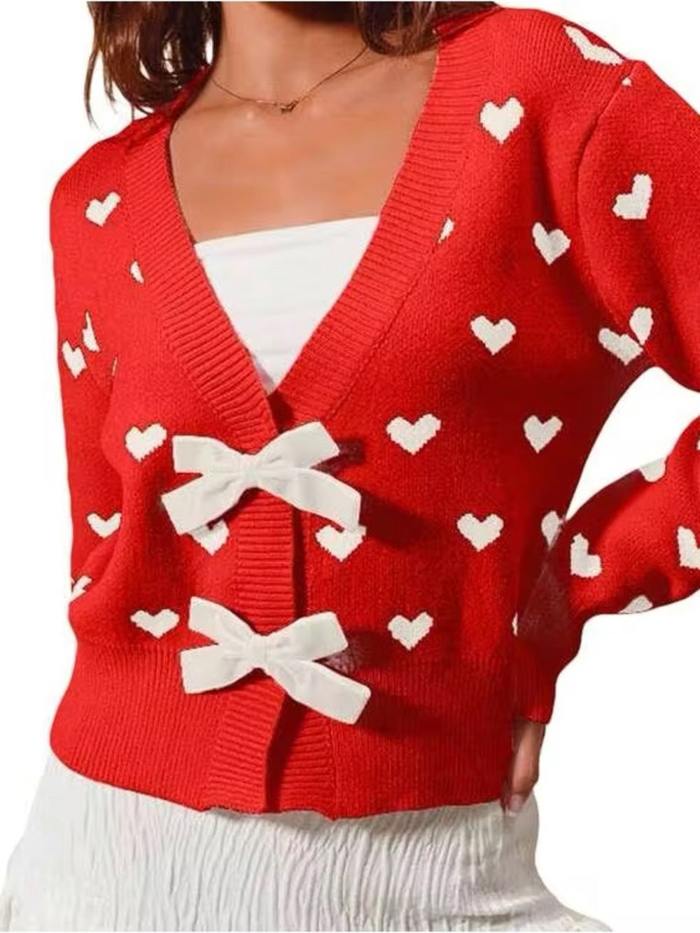 NWT Rio and Rian Red Heart-Print‎ Bow Front Sweater M J66